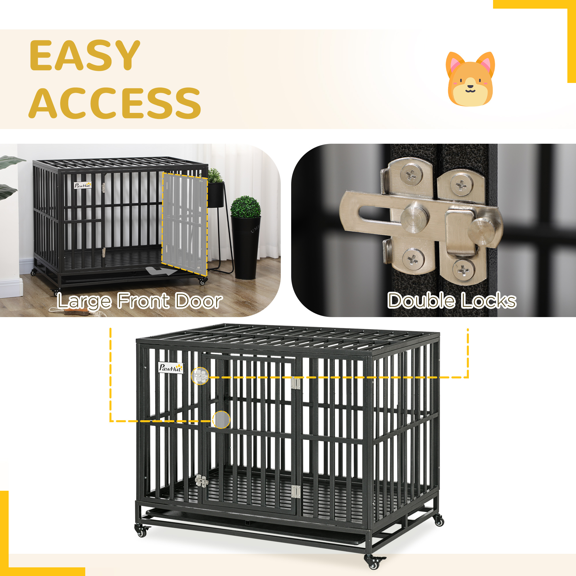 45" Heavy Duty Dog Crate, Escape-Proof Steel Kennel with Wheels, Black