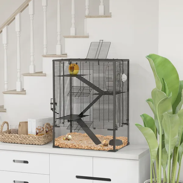 4 Tier Hamster Cage With Deep Tempered Glass Bottom, Running Wheel, Hut, Water Bottle, Food Dish