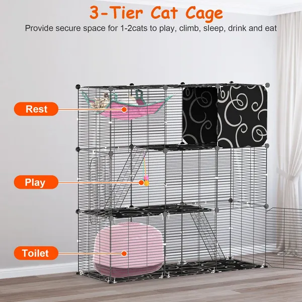 3-Tier Cat Cage Enclosure Indoor Cat Cage Playpen With Hammock Toy Ball Ladder DIY Iron Wire Cat House Kennels Crate For 1-2 Cats Ferret Rabbit Small Animals