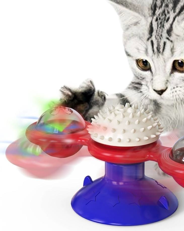 Interactive Windmill Cat Toy With LED Light Ball, Suction Cup, And Catnip Indoor Cat Exercise And Entertainment Set.