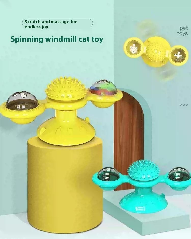 Interactive Windmill Cat Toy With LED Light Ball, Suction Cup, And Catnip Indoor Cat Exercise And Entertainment Set.